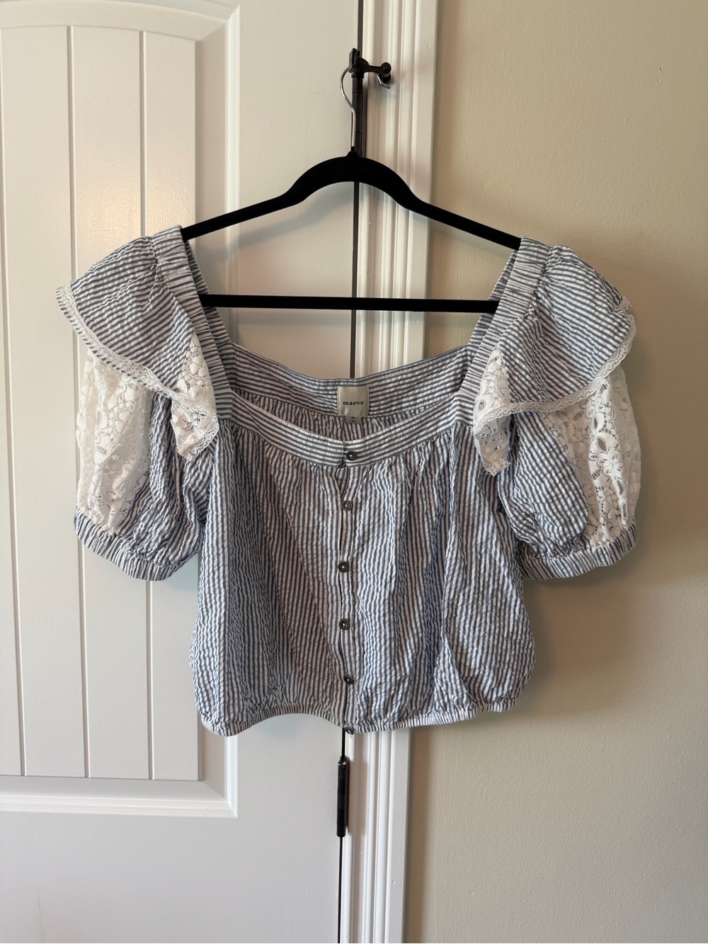 Maeve by Anthropologie Blue Stripe Lace Sleeve Off-Shoulder Crop Too